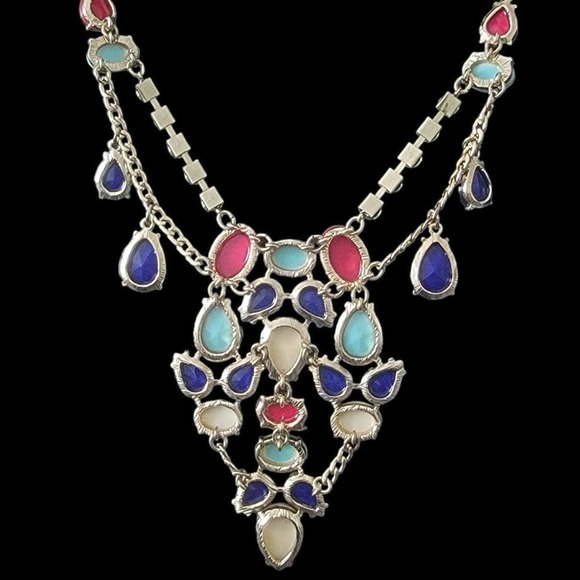 Multi Color Stones Faux Diamonds Gold Color Chain Fashion Necklace - Picture 9 of 12